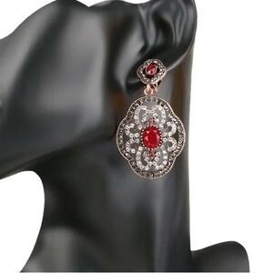 VISSON Turkish Statement Red Cabochon Ornate Crystal Bronze Tone Drop Earrings